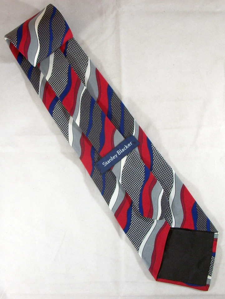 STANLEY BLACKER Red, Blue, & Gray Wavy Stripes Silk Neck Tie 57" L x 4" W (F144) — 第 3/3 张图片