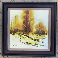 MCM Modernist Snow Landscape Oil Painting c1970 Signed