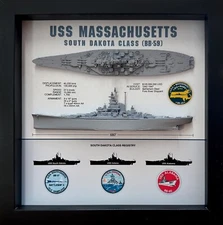USS Massachusetts Display Box, BB-59, South Dakota Class, WW2, 9" x 9", Black