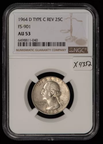 1964-D 25c Washington Silver Quarter - Type C Reverse FS-901 - NGC AU 53 - X4352
