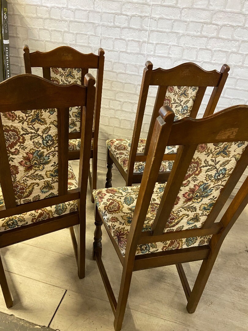 Set of 4 OLD CHARM Dining Chairs Tudor Brown Frame & Trellis Upholstery