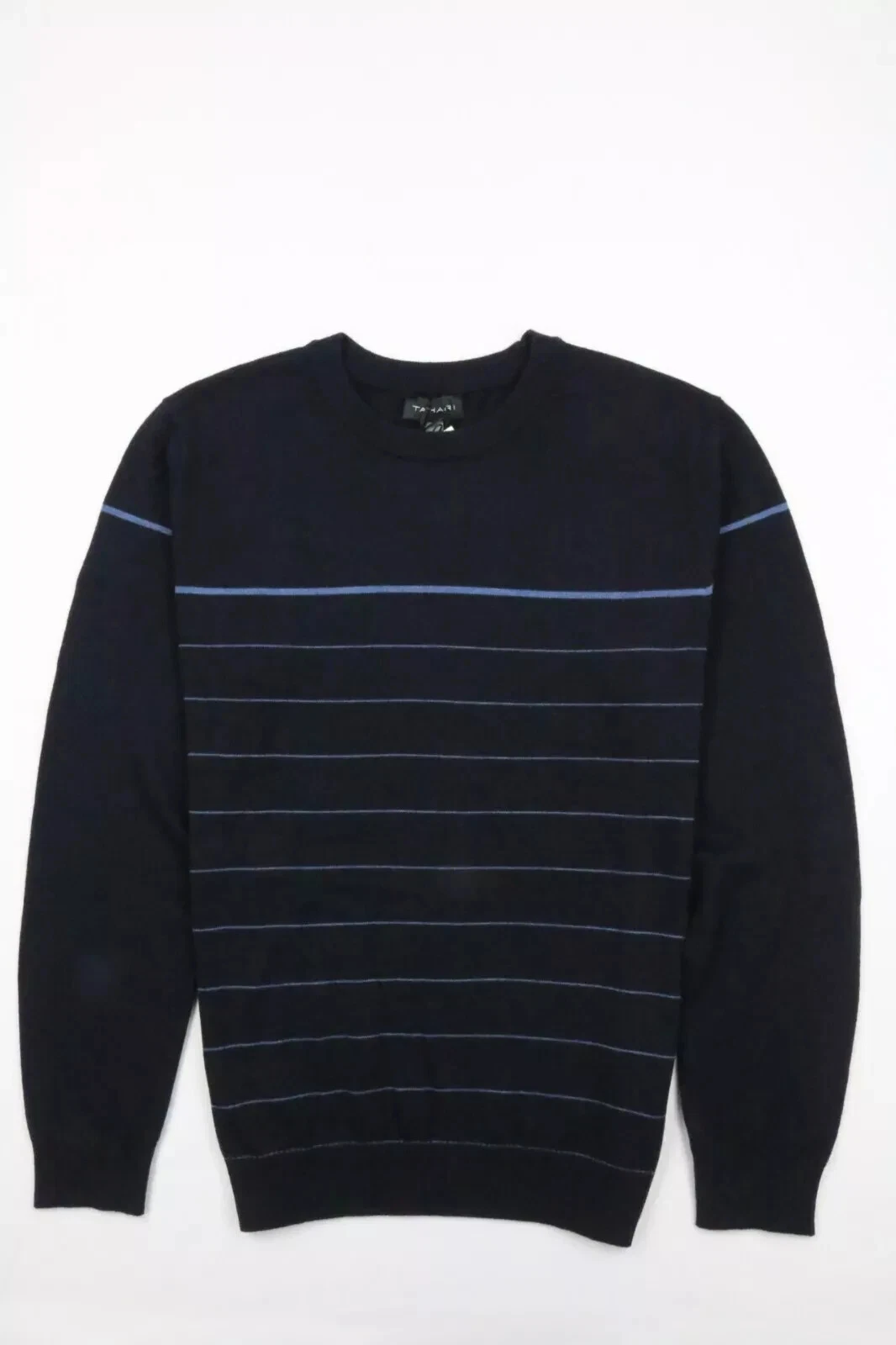 NWT $78 Tahari Mens Wool Blend Sweater Navy Combo Striped Ribbed Knit CrewNeck M