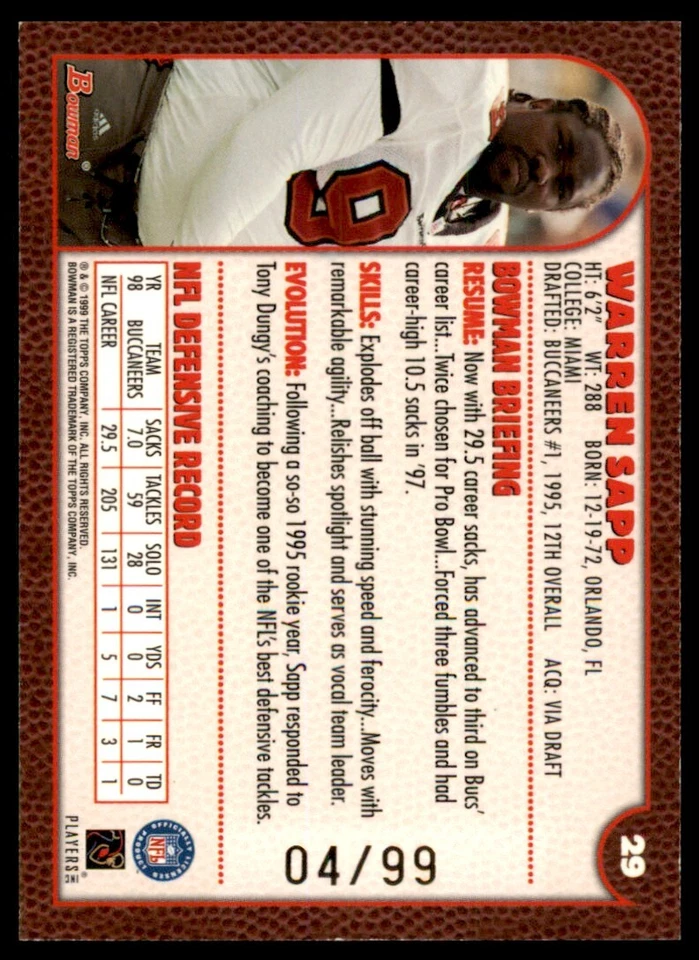 1999 Bowman Gold Warren Sapp 04/99 Buccaneers #29 *Noles2148* - Image 2 of 2