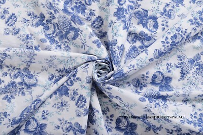 Pure Cotton Fabric 5 Yard Craft Indian Hand Block Print Running Floral Blue 44''