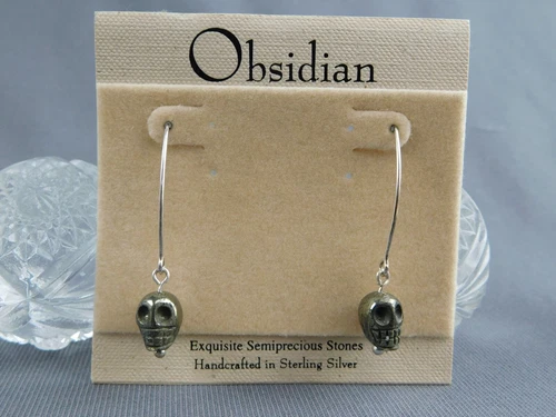 Sterling Silver and Hematite Skull Earrings 5.53 Grams Obsidian Brand