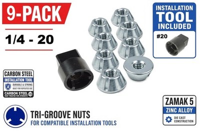 8pcs 1/4''-20 Tri Groove Security Nuts Plus #20 Tool, Tamper Resistant, 9-PACK