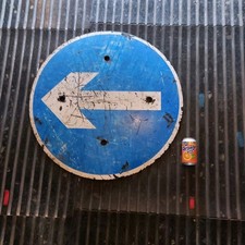 Large Distressed Roadside Roadworks One Way White Arrow Blue Round Sign