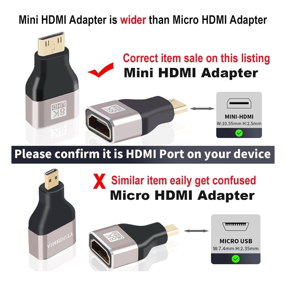 Hdmi Convert Mini HDMI to HDMI Adapter 2-Pack, Support 8K@60Hz, 4K@144Hz, Compatible ...
