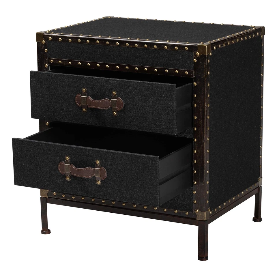 Laura Vintage Black Canvas 2-Drawer End Table Trunk - Image 2 of 4