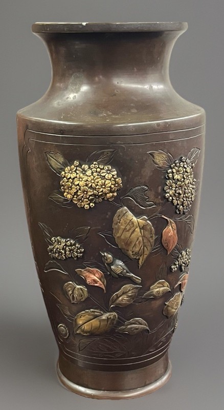 ANTIQUE JAPANESE MEIJI BRONZE VASE - MIXED METAL INLAND WITH BIRDS & FLOWERS.