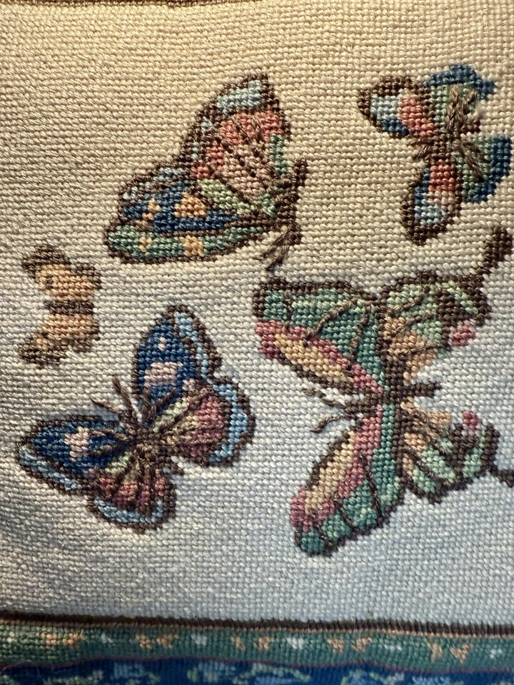 Vintage Hand Embroidered Ivory Butterfly Throw Pillow Pink Blue Ruffled Trim - Image 2 of 4