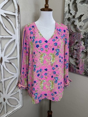 Lilly Pulitzer MEDIUM Pamala Top Prosecco Pink Tiger 3/4 Sleeve Sheer Blouse Top