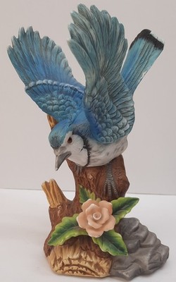 Blue Jay Bird taking flight from tree stump Figurine  