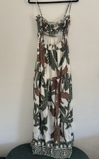 Stitch + Feather Maxi Dress L Floral Ruffle Smocked Cotton White Green Brown