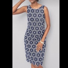 Talbots Crochet Shift Dress Navy White Scalloped Hem Sleeveless Feminine Chic 6P