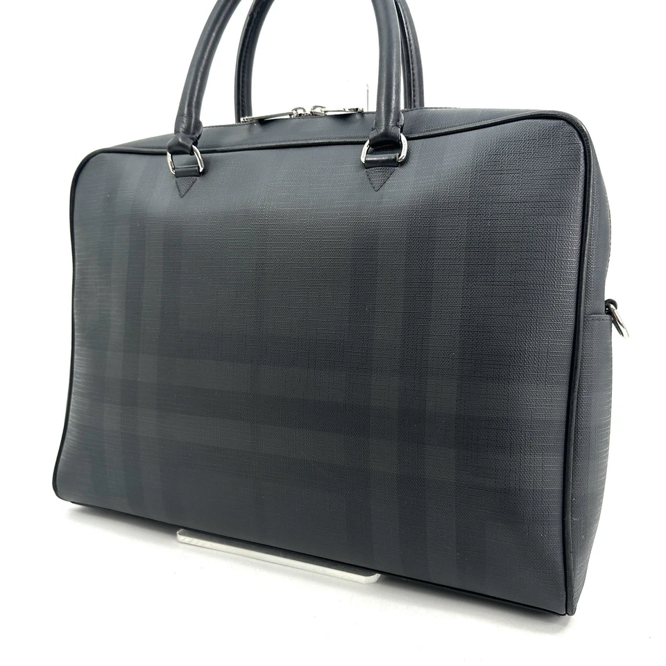 Burberry Briefcase Business Bag Smoked Check Black Gray PVC Leather Authentic - Image 3 of 4