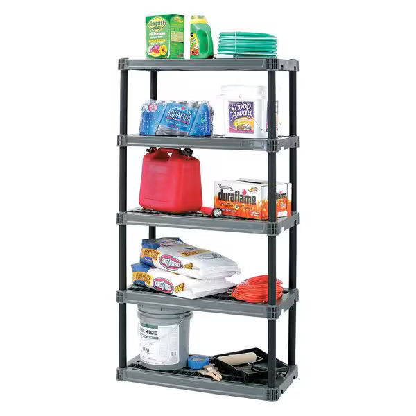 Freestanding Plastic Shelving, Open Style, 18 in D, 36 in W, 74 in H, 5 Shelves,