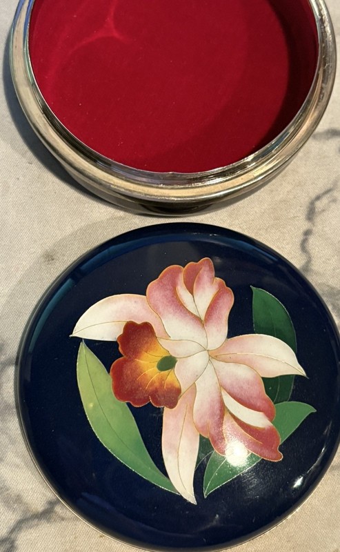 Japanese Signed Cloisonné Round Trinket Box Jewelry Box Enamel Vintage