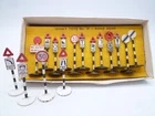 VINTAGE DINKY TOYS 47 ROAD SIGN SET / LOT OF 16 / ONE PART ORIGINAL BOX 1940s