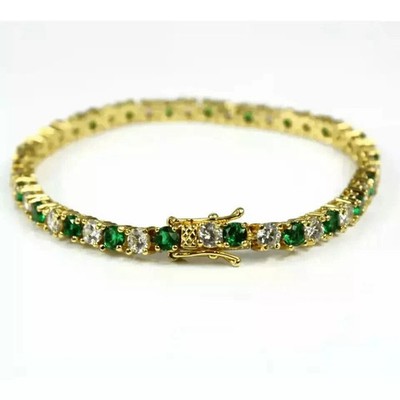 8CT Round Cut Emerald & Diamond Created Tennis Bracelet 14K Yellow Gold Plated