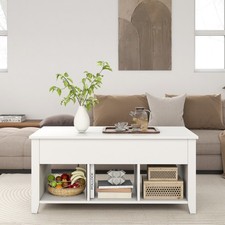 Lift Up Coffee Table Rising Center Table with 3 Cubes & Lift Top-White