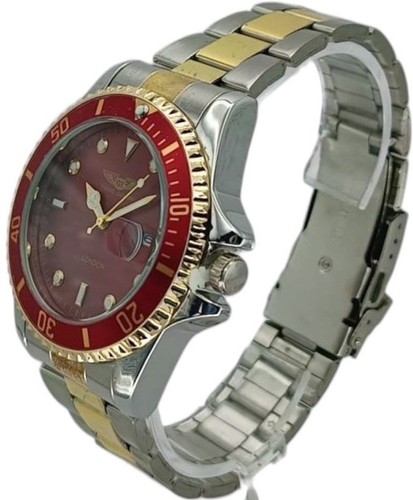 Silber & Gold Uhr rotes Zifferblatt Herren Mode Metallband Datum Analog Quarzuhr - Bild 2 von 12