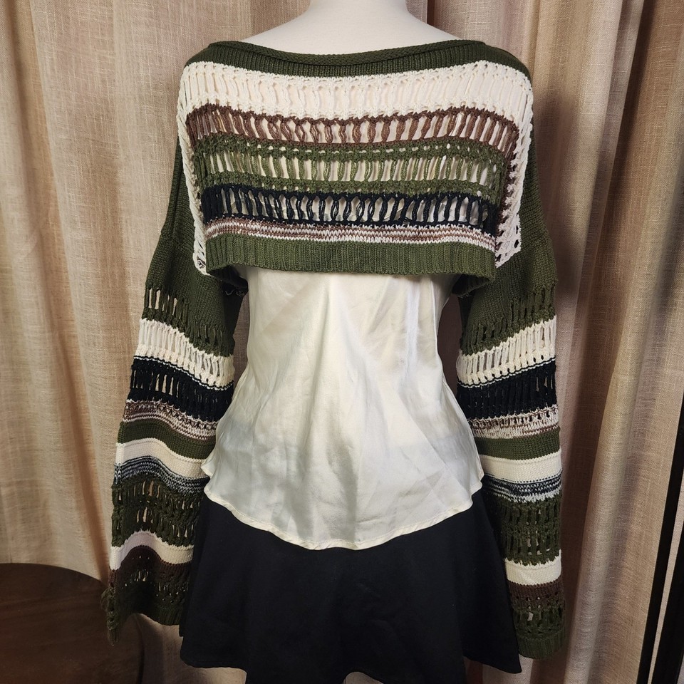 Romwe Women L Green Striped Open Knit Shrug Cropped Bolero Sweater Long ...