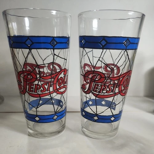 2 Vintage Pepsi Cola Glasses 1970's Tiffany Style-Stained Glass 16 oz. Pics!