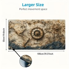 1pc Large Gaming Mouse Pad with Vintage Map  Compass Design - Non-Slip Rubber B