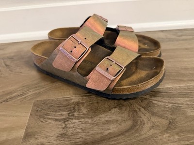 Birkenstock Arizona Metallic Copper Shoes Womens 38 Double Strap Cork Sandals