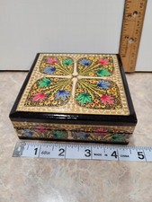 VTG Black Wood Lacquer Box 6 Pc Coaster Set V...
