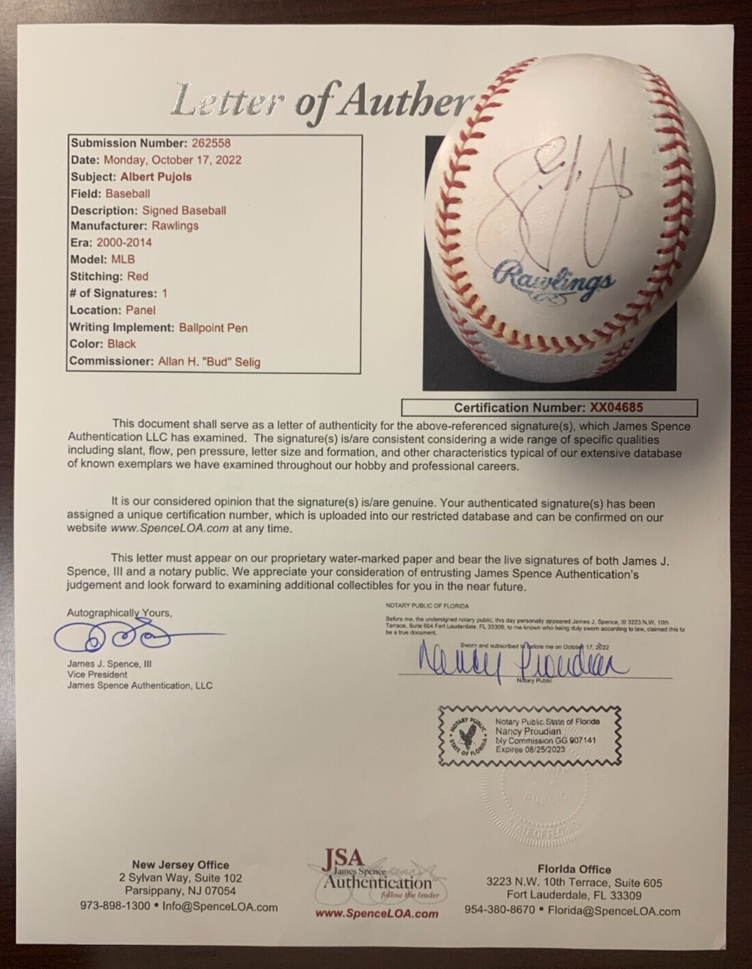Albert Pujols Autographed Signed MLB Baseball with JSA Letter of Authenticity - CM 760 