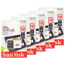 SanDisk Ultra MicroSD 128GB UHS-I Class 10 Card W/Adapter 100Mb/s Lot of 5 Pack