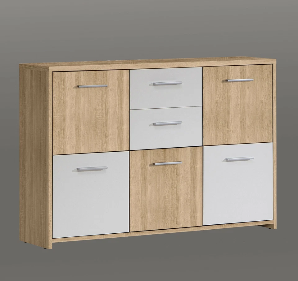 Comò Fianna con 5 ante e 2 cassetti in legno laminato quercia sonoma/bianco. - Immagine 2 di 3