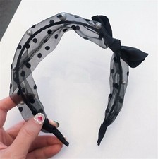 NEW Women Lady Girl Black Retro Dot Dotty Lace Pearl Bow Hair Head Band Headband