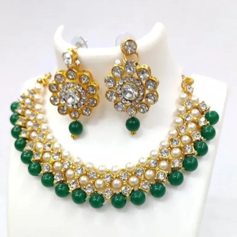 Indian Bollywood Style Gold Finish Beads Choker Necklace Set Womens Jewellery