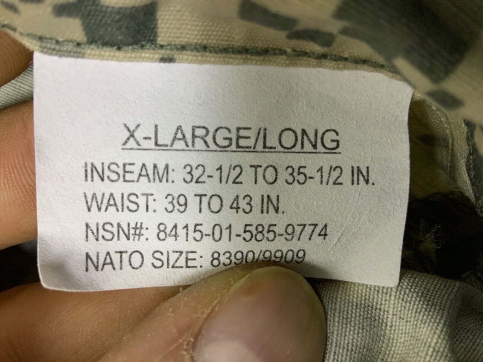 TROUSER, ARMY COMBAT SZ: X-LARGE-LONG NSN: 8415-01-585-9774