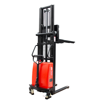 Semi-Electric Pallet Stacker 3300 lbs Capacity 98'' Lift Height Adjustable Forks