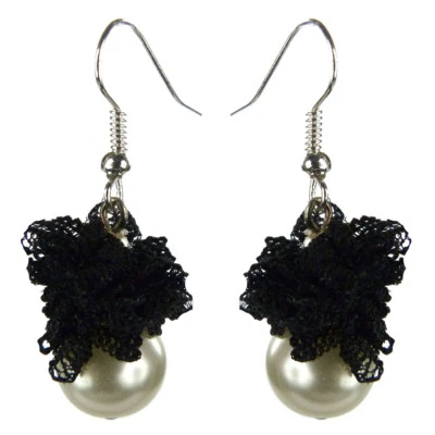Boucles D'oreilles femme dentelle noire et perle nacrée blanche gothique lolita - Photo 1/4