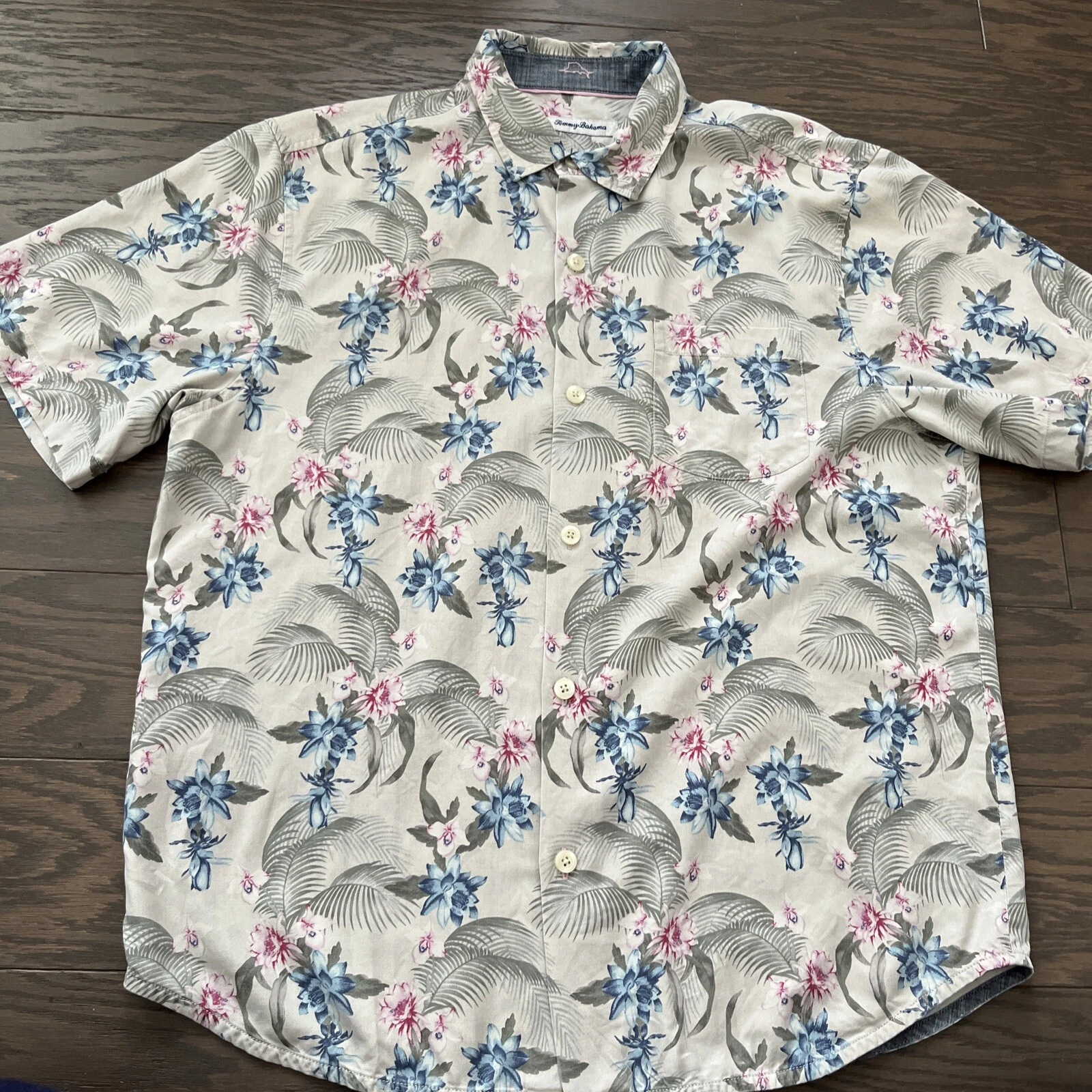 Tommy Bahama Mens Short Sleeve Button Up Silk Hawaiian Floral Shirt Large L EUC