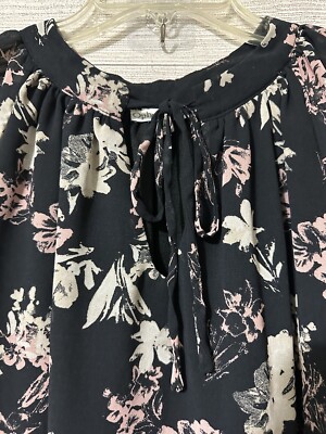 Ophelia Roe Woman s Black Floral Long Sleeve Blouse Key Hole Tie Medium
