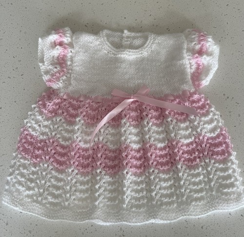Hand Knitted Dress Age 0-3 Months, Blue and White Striped with White Ribbon - Picture 2 of 7