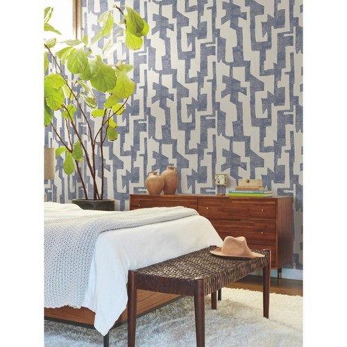 Wallpaper Modern Geometric Blue Tribal on Beige Background, 60 sq ft - Picture 3 of 5