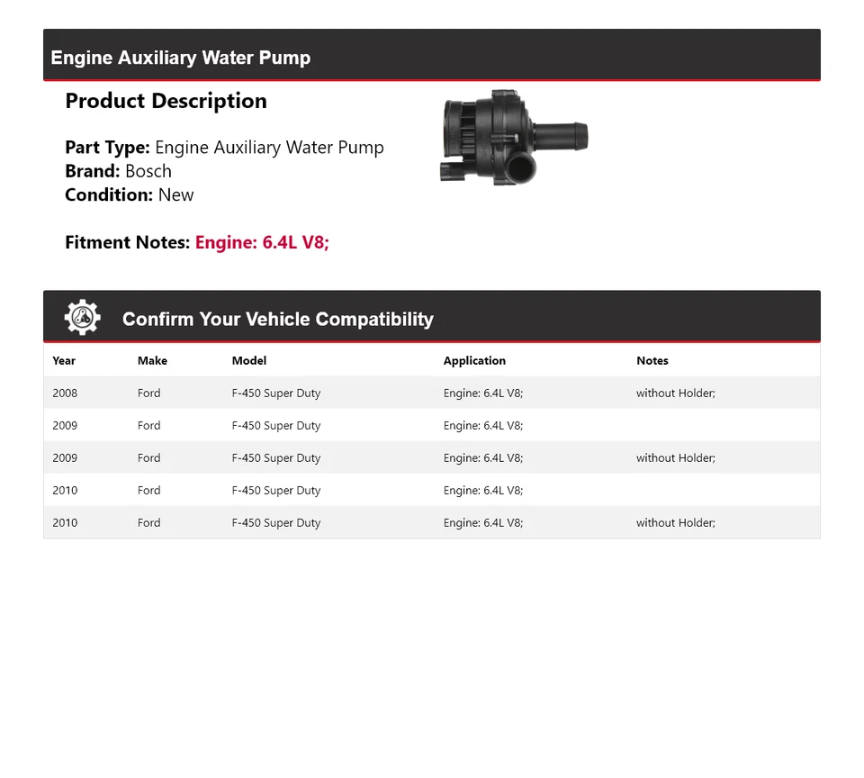 Bomba de agua auxiliar motor Bosch 6,4 L V8 para Ford F-450 Super Duty 2008-2010 Foto 2 de 4