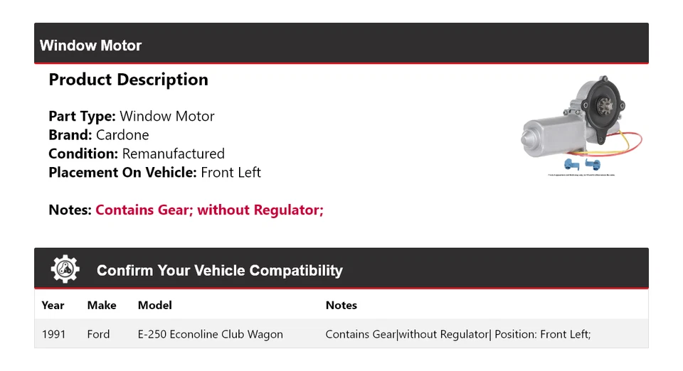 Для 1991 Ford E-250 Econoline Club универсал окно мотор передний левый кардон - Изображение 2 из 4