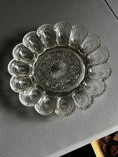 (2) Clear Pressed Glass DEVILED EGG DISH Crystal Cut Serving Platter 15-Eggs