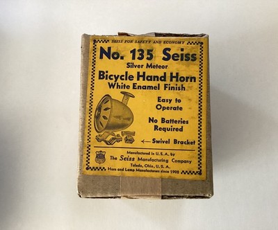 NOS NEW SEISS 135 SILVER METEOR BICYCLE HAND HORN WHITE ENAMEL IN BOX SEALED