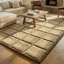 Hand Tufted Wool Area Rug  Ivory Cream Geometric Checkered Handmade Carpet