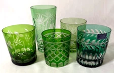 Mixed Lot of 5 German Bohemian Green Cut to Clear Whiskey Glasses Tumblers