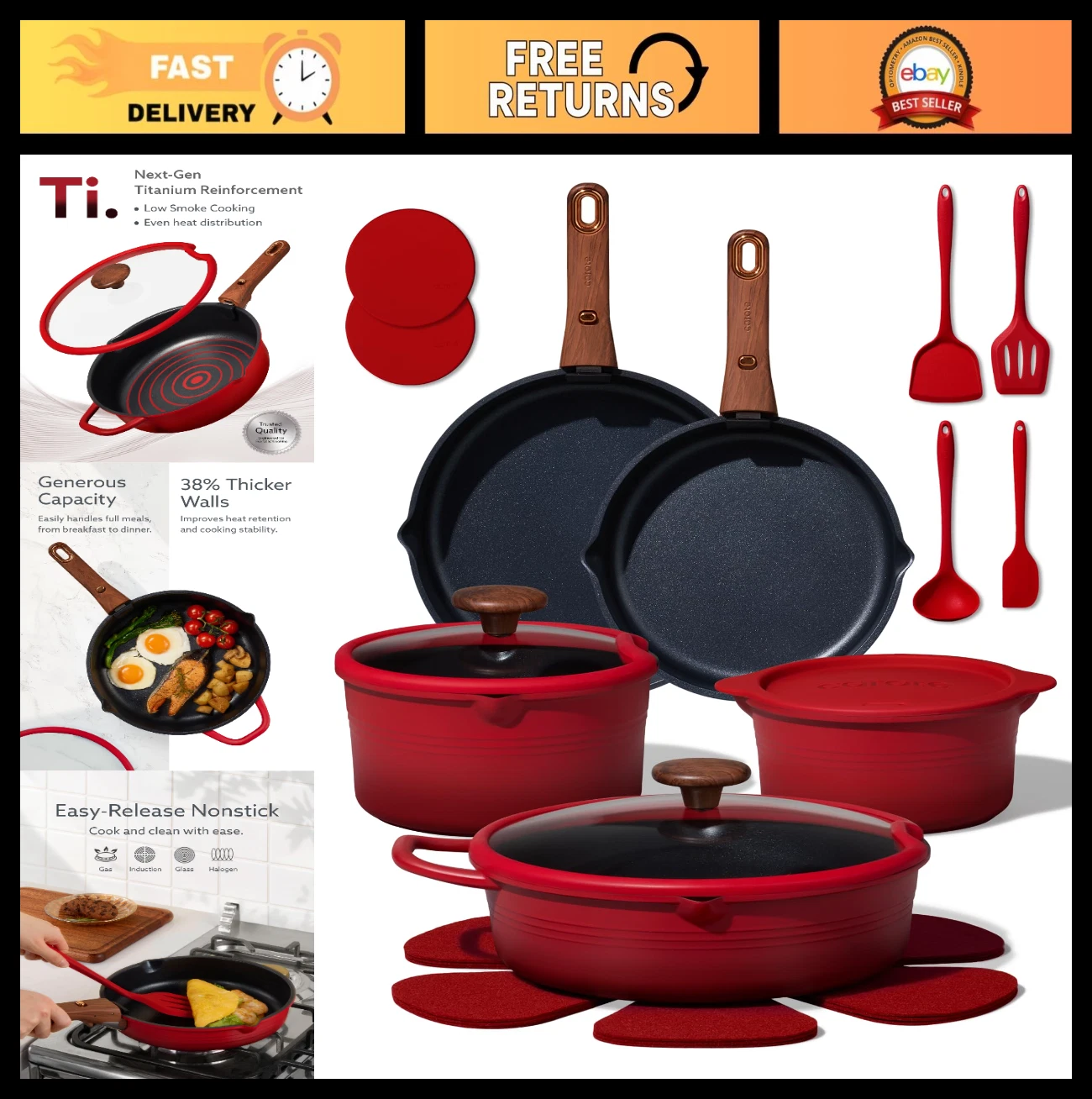 20Pcs Non-Stick Titanium Cookware Set, Detachable Handle, Induction Safe, Red
Opens in a new window